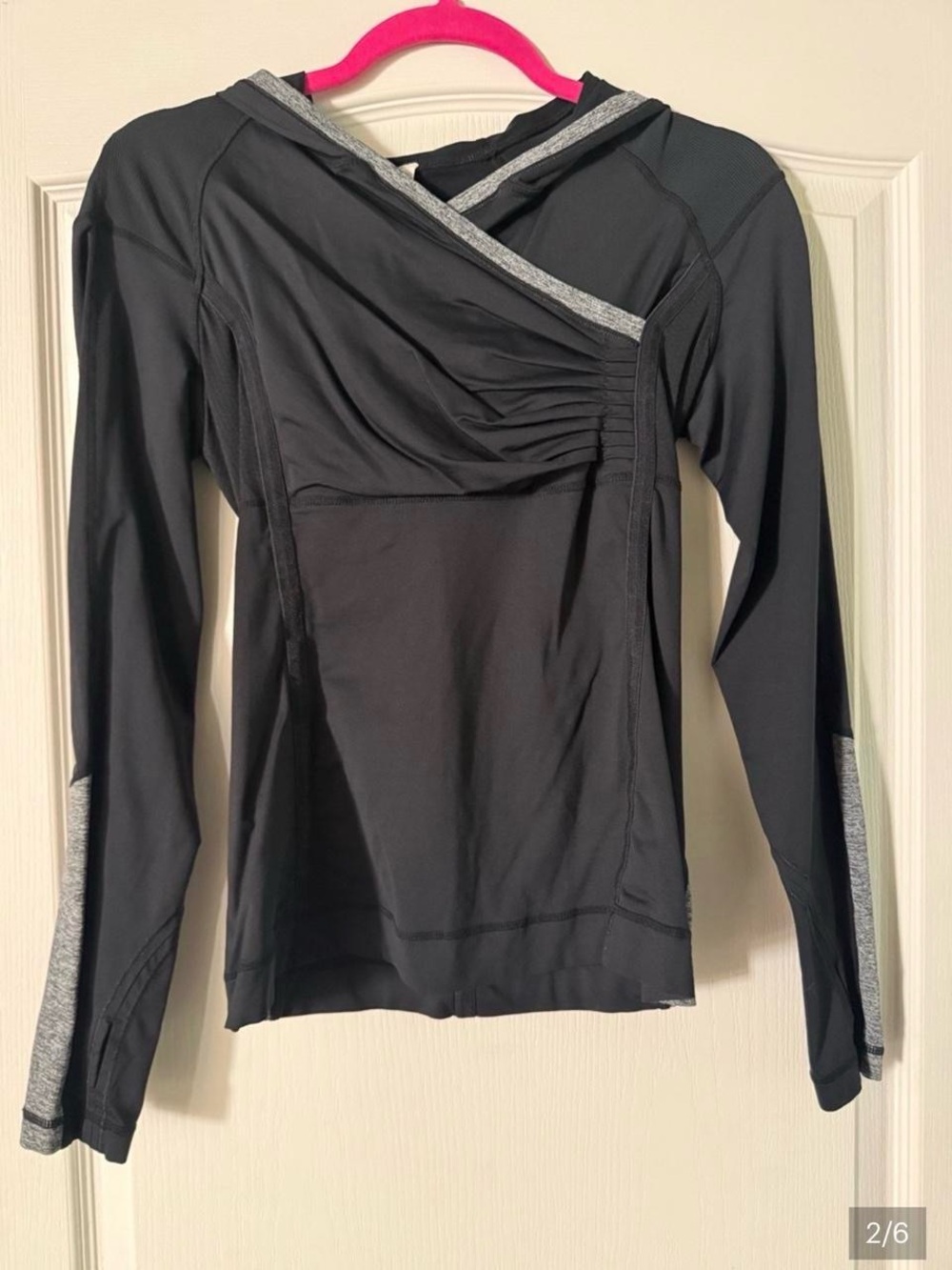 Lululemon athletica Black Long-Sleeve Hooded Performance Top with Gray Trim.
